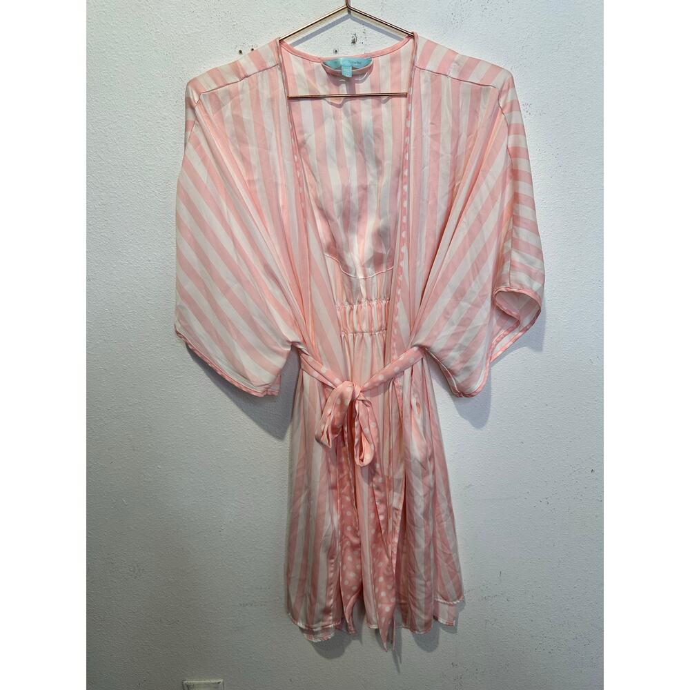 BETSY JOHNSON Pink White MRS Bridal Striped Kimono Robe Embroidered sz Medium